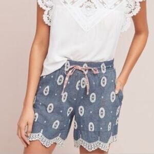 Anthropologie Blue Embroidered High Waist Shorts